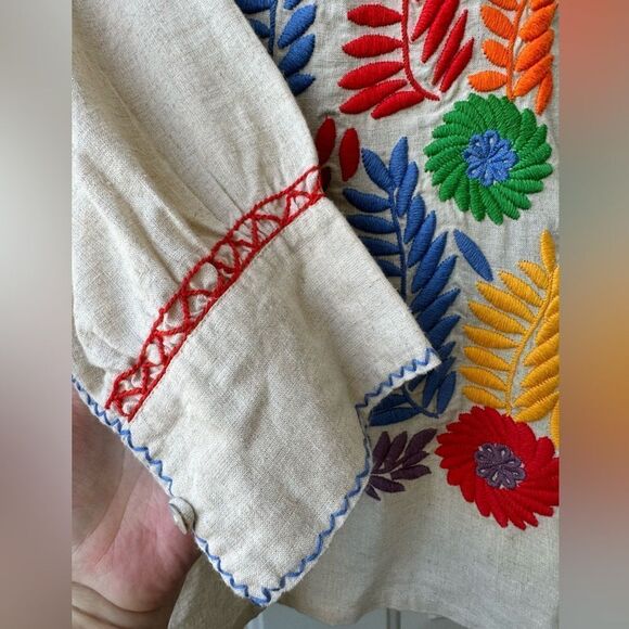 Sister Mary Gloria Tunic Top Rainbow Floral Embroidery Linen Size Medium - Picture 9 of 14